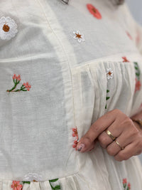 White Floral Embroidered Mul Chanderi Feeding Kurti With Two Side Invisible Zip | Free Size | 46" length