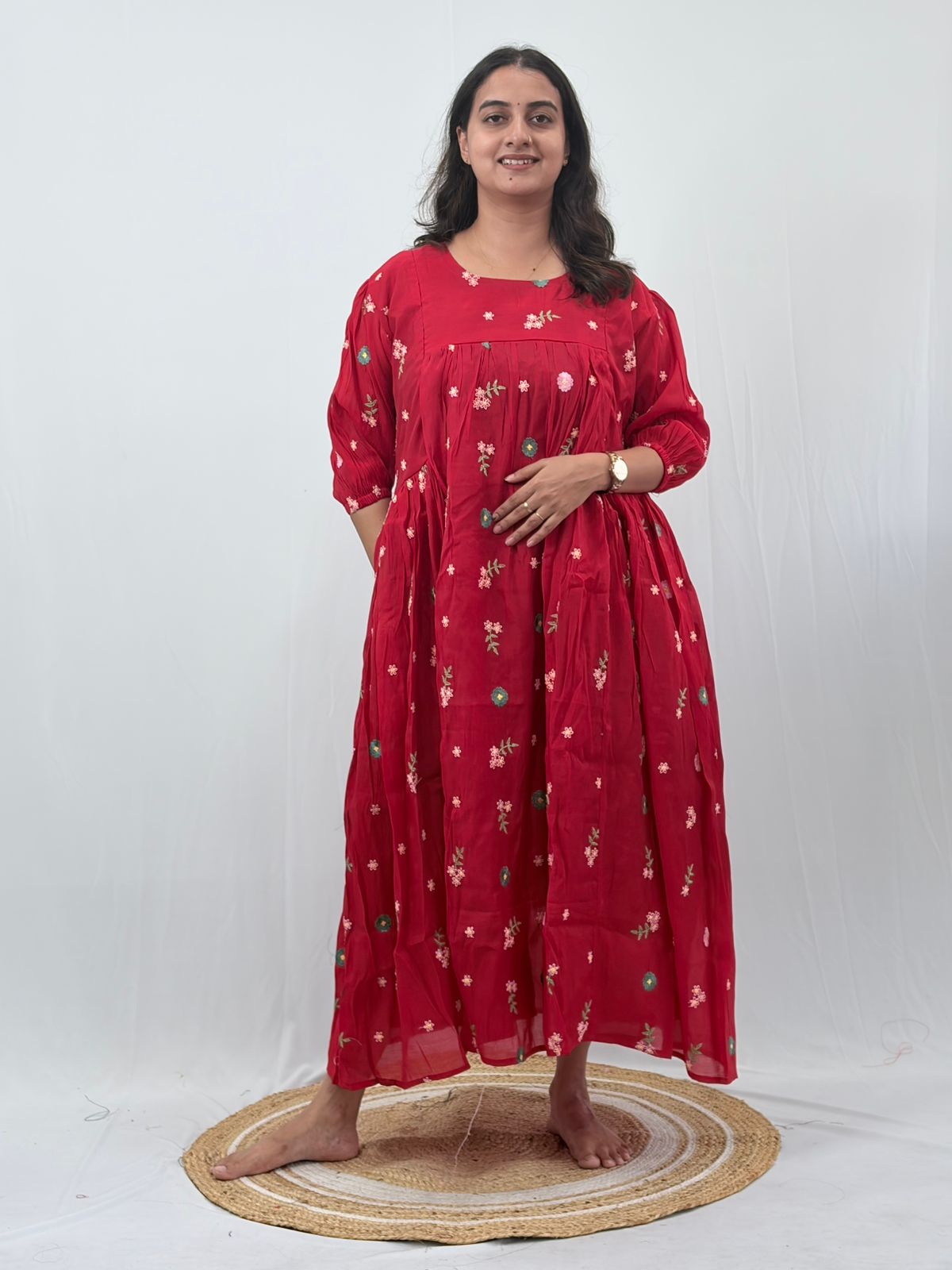 Red Floral Embroidered Mul Chanderi Feeding Kurti With Two Side Invisible Zip | Free Size | 46" length