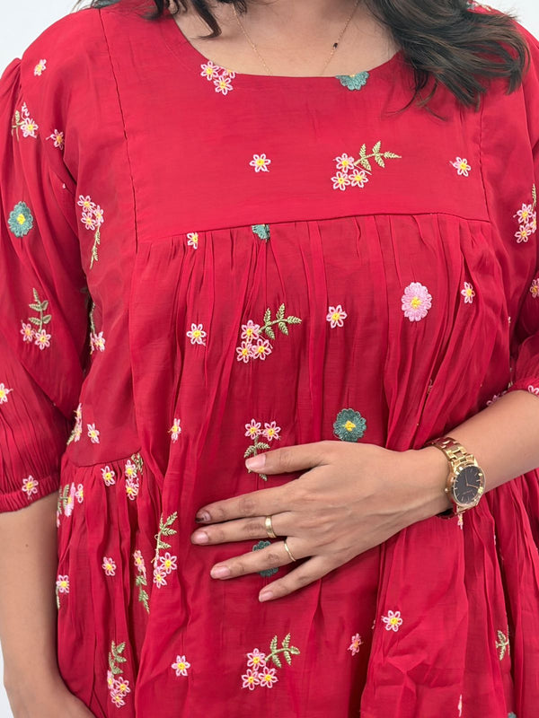 Red Floral Embroidered Mul Chanderi Feeding Kurti With Two Side Invisible Zip | Free Size | 46" length