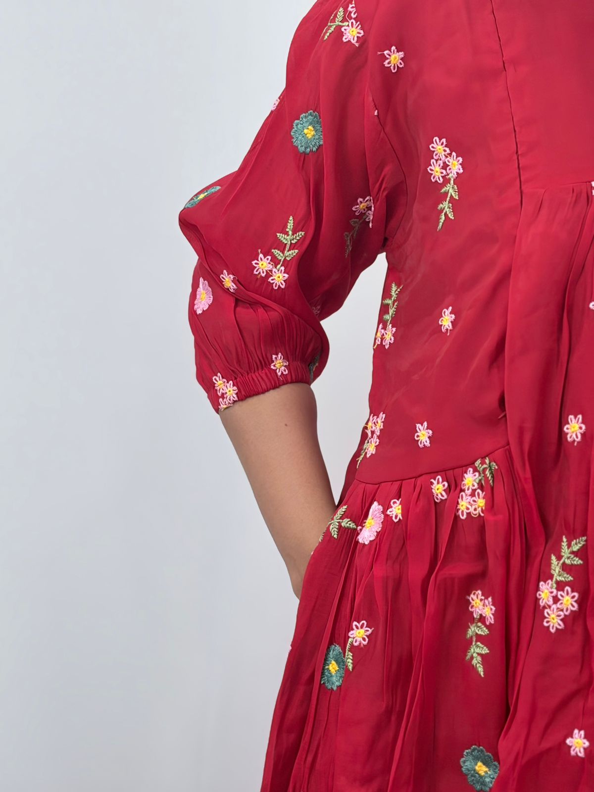 Red Floral Embroidered Mul Chanderi Feeding Kurti With Two Side Invisible Zip | Free Size | 46" length