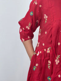 Red Floral Embroidered Mul Chanderi Feeding Kurti With Two Side Invisible Zip | Free Size | 46" length