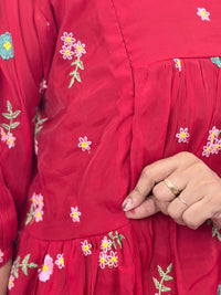 Red Floral Embroidered Mul Chanderi Feeding Kurti With Two Side Invisible Zip | Free Size | 46" length