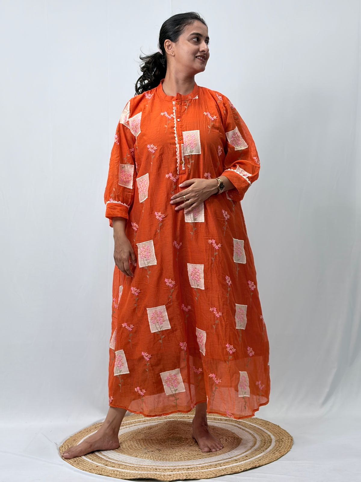 Orange Embroidered Mul Chanderi Kurti  | Free Size | 46" length