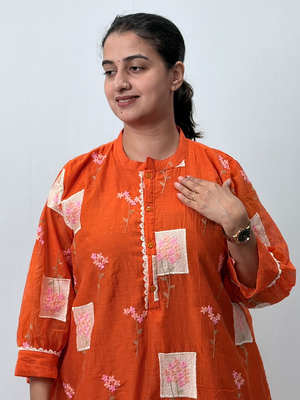 Orange Embroidered Mul Chanderi Kurti  | Free Size | 46" length