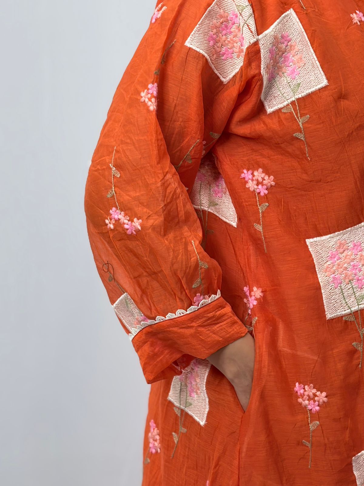 Orange Embroidered Mul Chanderi Kurti  | Free Size | 46" length