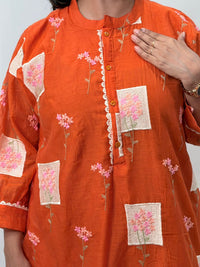 Orange Embroidered Mul Chanderi Kurti  | Free Size | 46" length