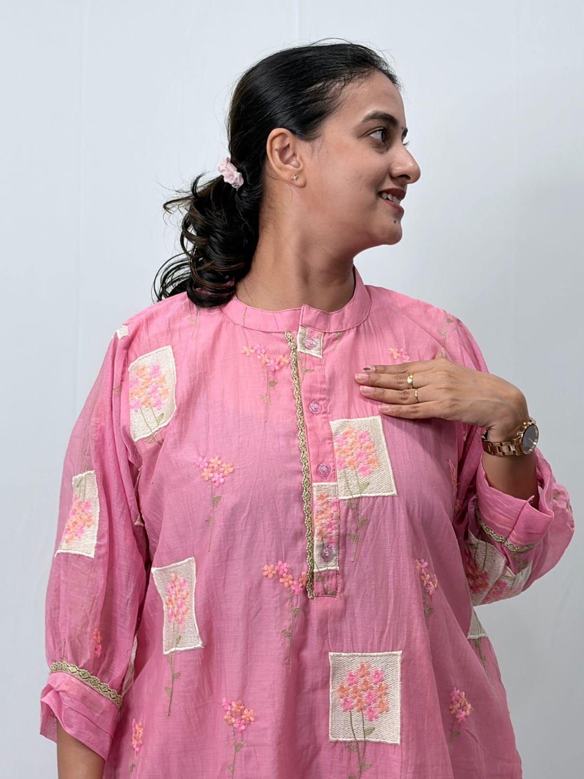 Pink Embroidered Mul Chanderi Kurti  | Free Size | 46" length