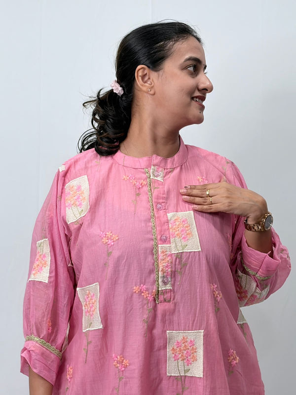 Pink Embroidered Mul Chanderi Kurti  | Free Size | 46" length