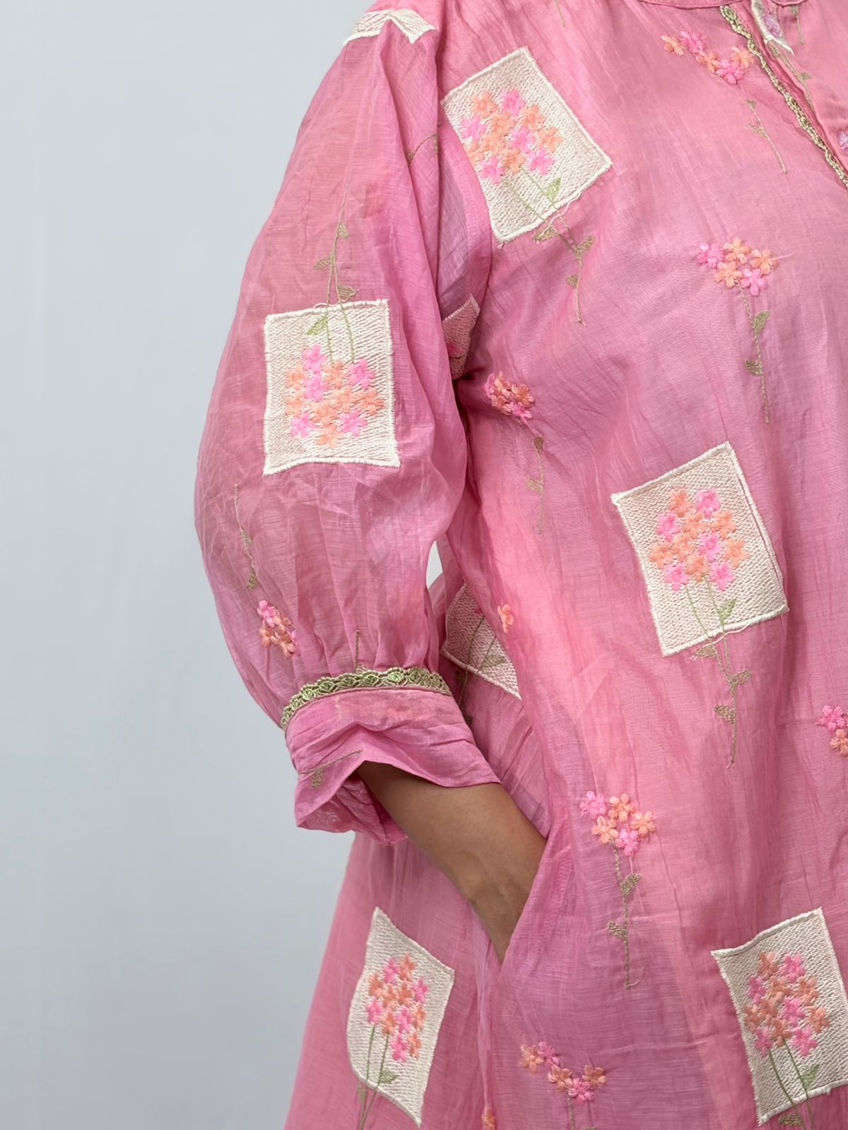 Pink Embroidered Mul Chanderi Kurti  | Free Size | 46" length