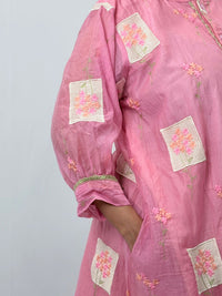 Pink Embroidered Mul Chanderi Kurti  | Free Size | 46" length