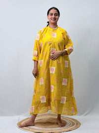 Yellow Embroidered Mul Chanderi Kurti  | Free Size | 46" length