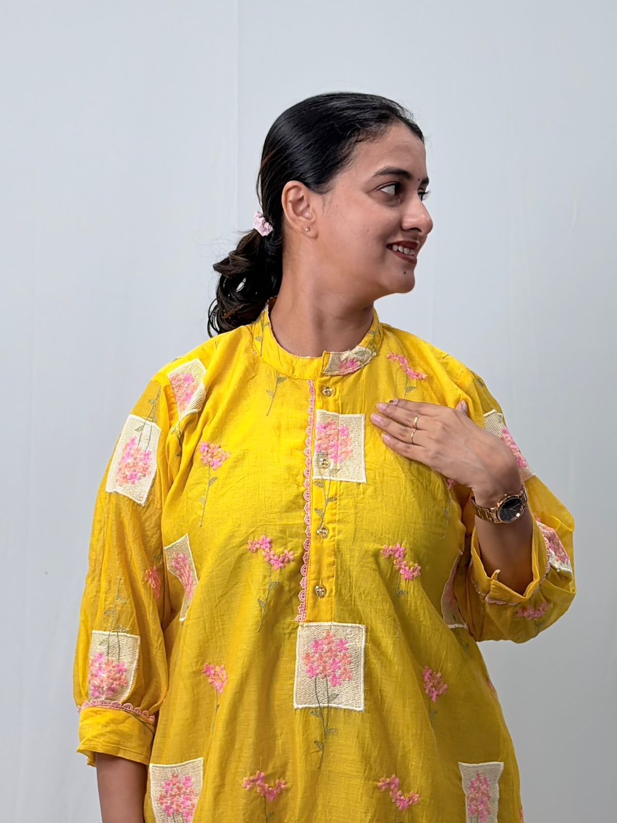 Yellow Embroidered Mul Chanderi Kurti  | Free Size | 46" length