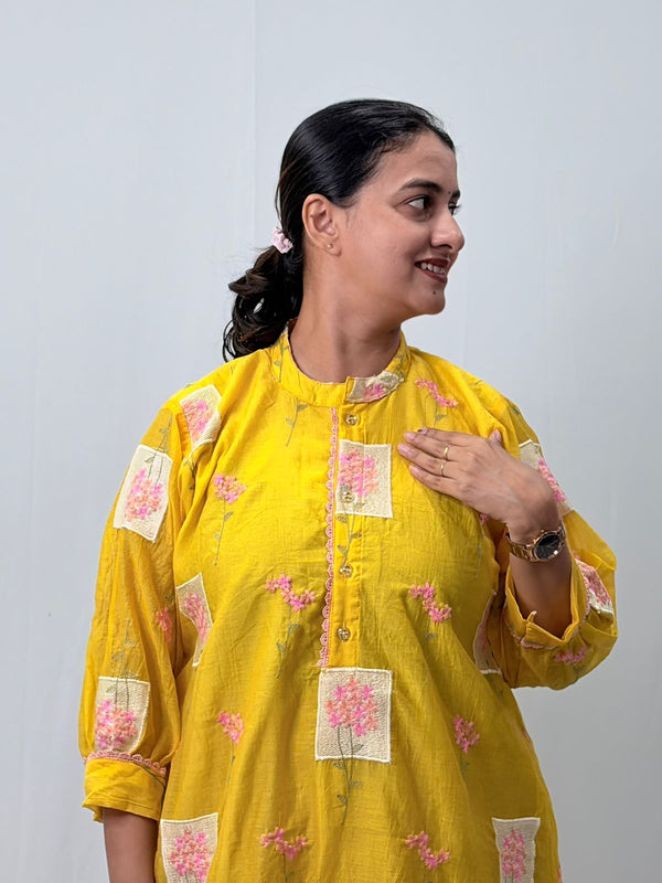 Yellow Embroidered Mul Chanderi Kurti  | Free Size | 46" length