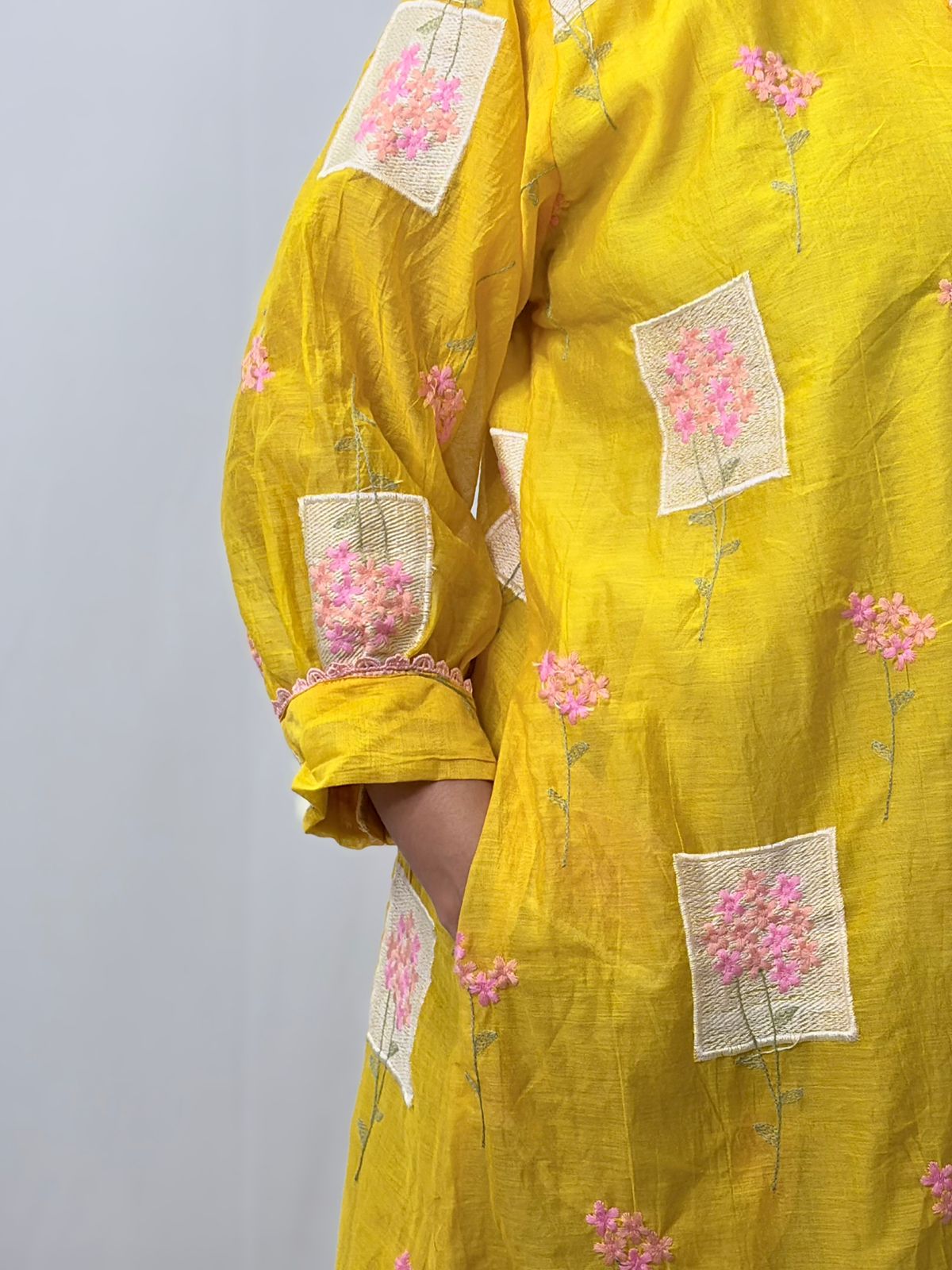 Yellow Embroidered Mul Chanderi Kurti  | Free Size | 46" length