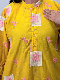 Yellow Embroidered Mul Chanderi Kurti  | Free Size | 46" length