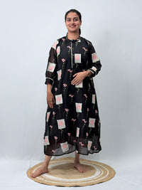 Black Embroidered Mul Chanderi Kurti  | Free Size | 46" length