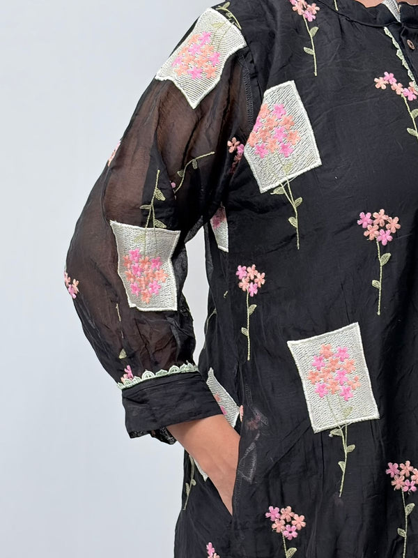 Black Embroidered Mul Chanderi Kurti  | Free Size | 46" length