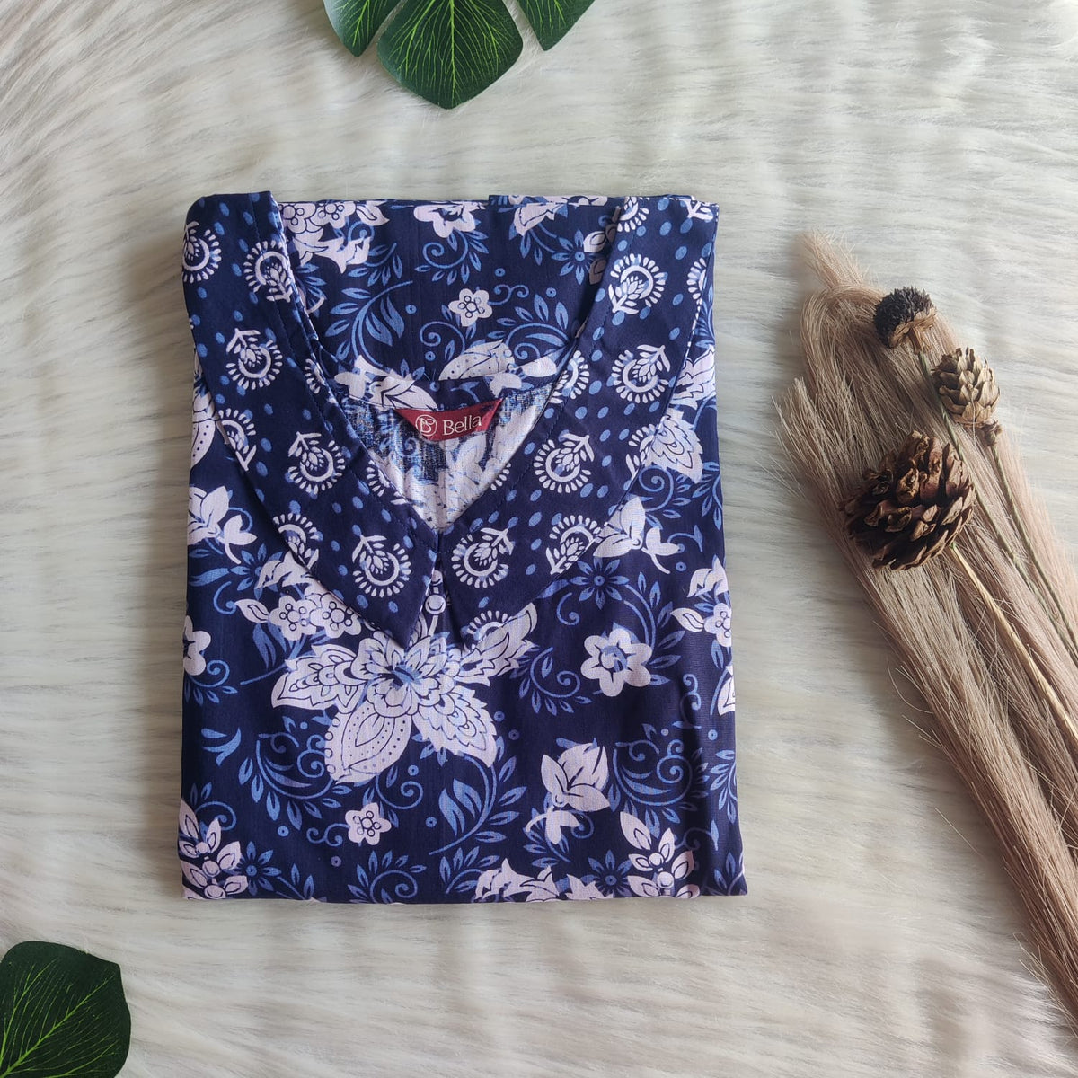 Navy Blue And White Floral Printed Premium Cotton Peter Pan Collar Nighty | Free Size | Chest Width 44″| Length 55″-56″