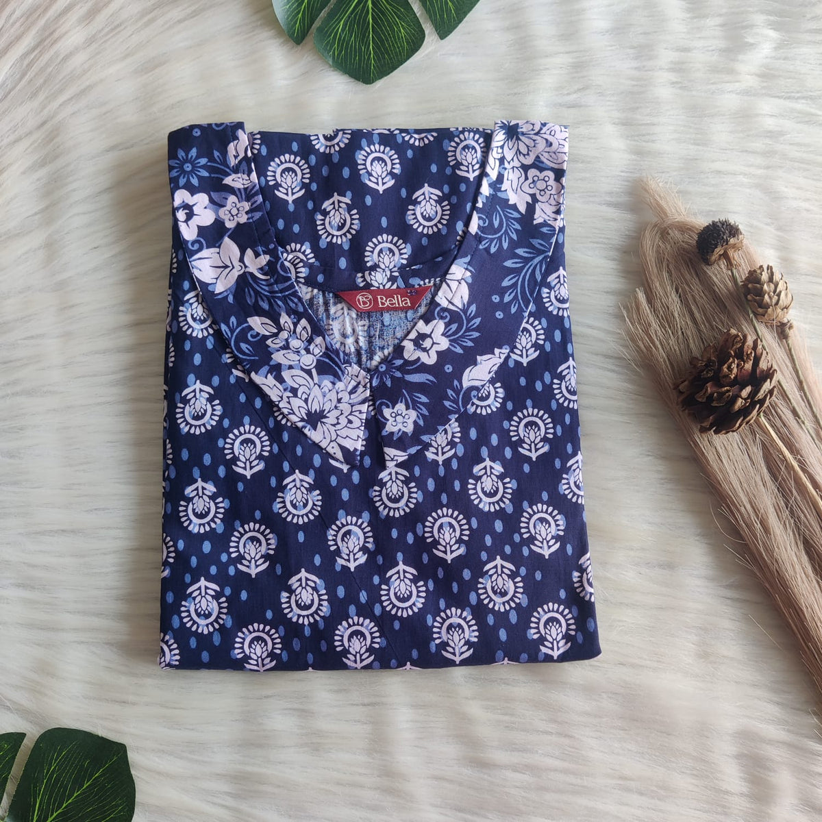 White And Navy Blue Printed Premium Cotton Peter Pan Collar Nighty | Free Size | Chest Width 44″| Length 55″-56″