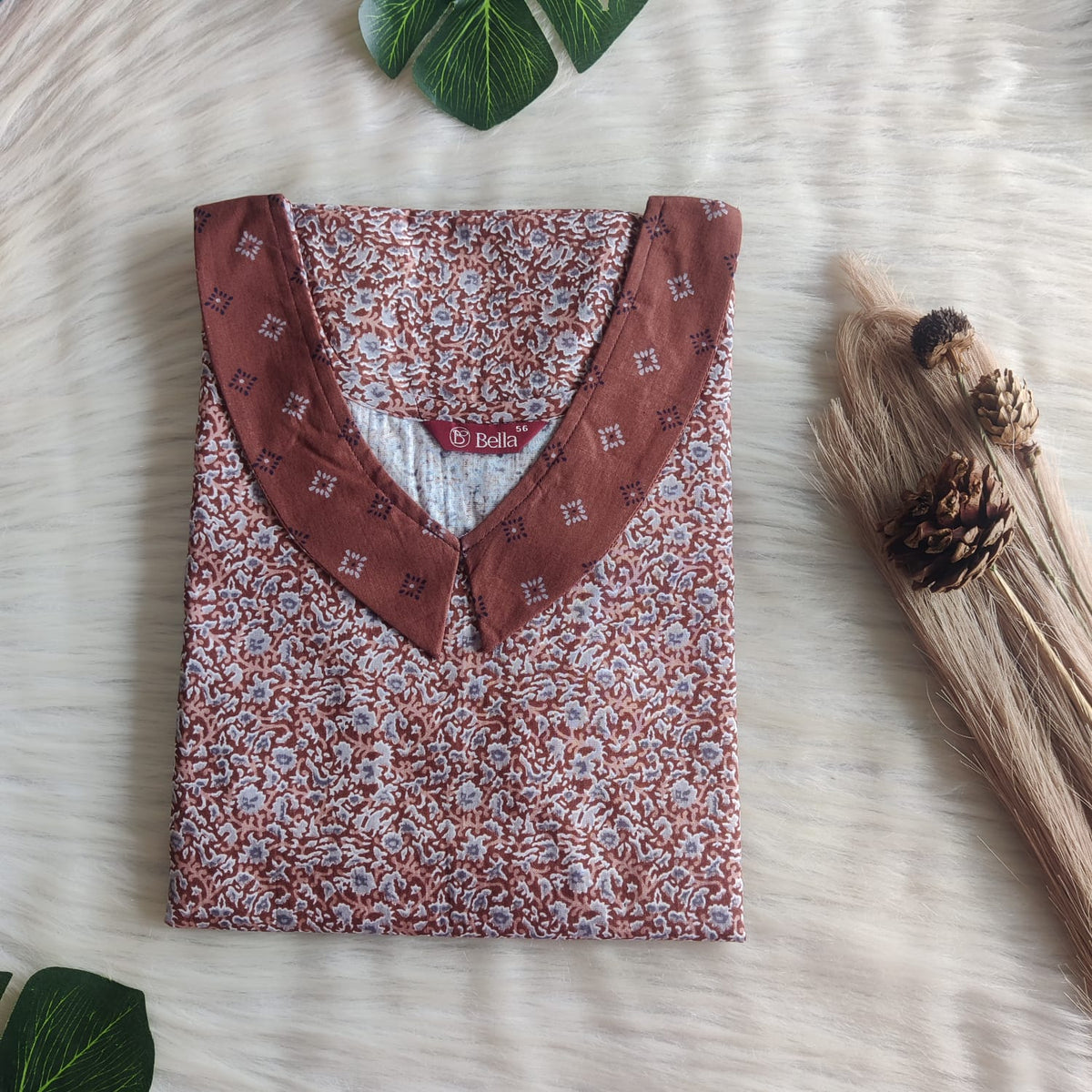 Brown And Grey Printed Premium Cotton Peter Pan Collar Nighty | Free Size | Chest Width 44″| Length 55″-56″