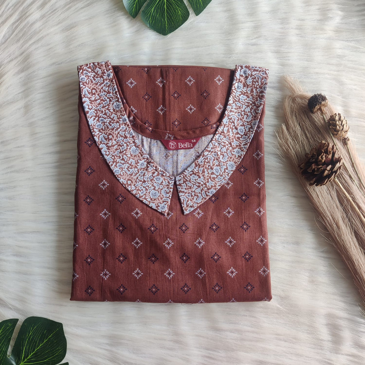 Grey And Brown Printed Premium Cotton Peter Pan Collar Nighty | Free Size | Chest Width 44″| Length 55″-56″