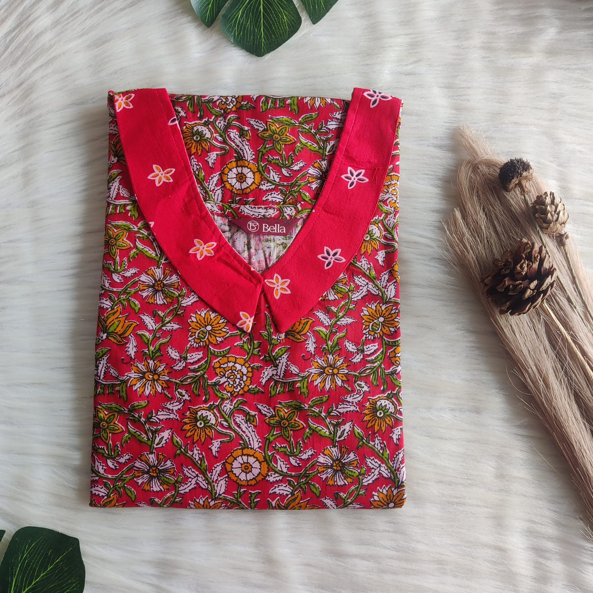 Red And Green Printed Premium Cotton Peter Pan Collar Nighty | Free Size | Chest Width 44″| Length 55″-56″