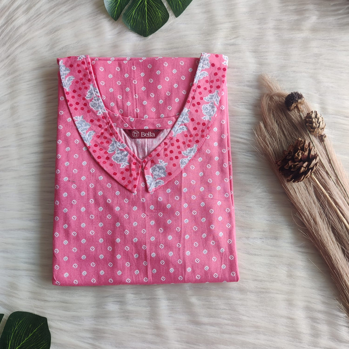 Grey And Pink Printed Premium Cotton Peter Pan Collar Nighty | Free Size | Chest Width 44″| Length 55″-56″
