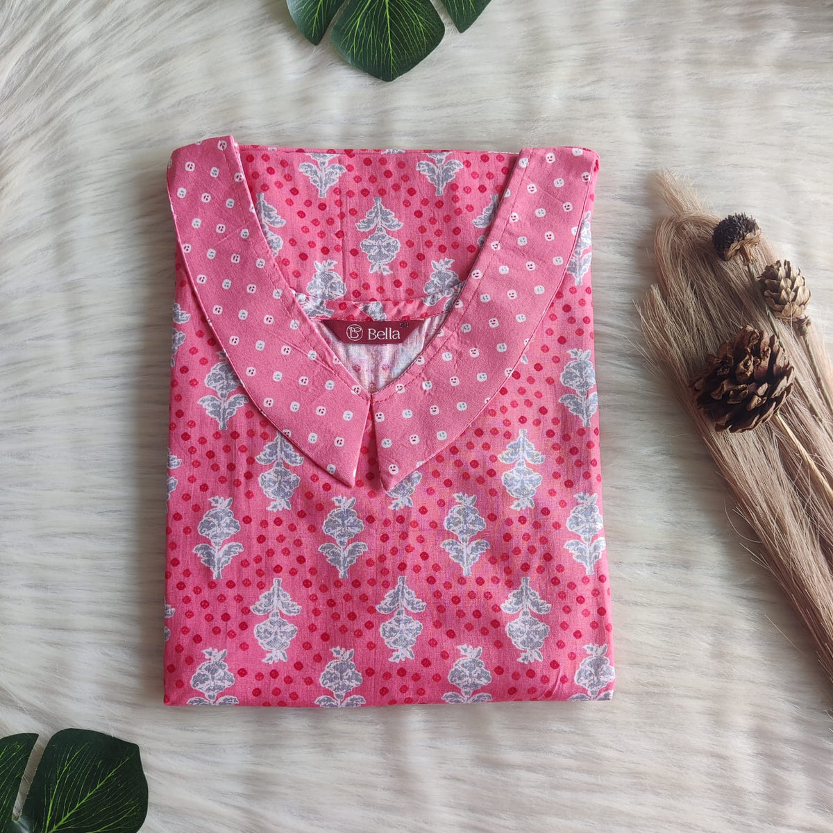 Pink And Grey Printed Premium Cotton Peter Pan Collar Nighty | Free Size | Chest Width 44″| Length 55″-56″