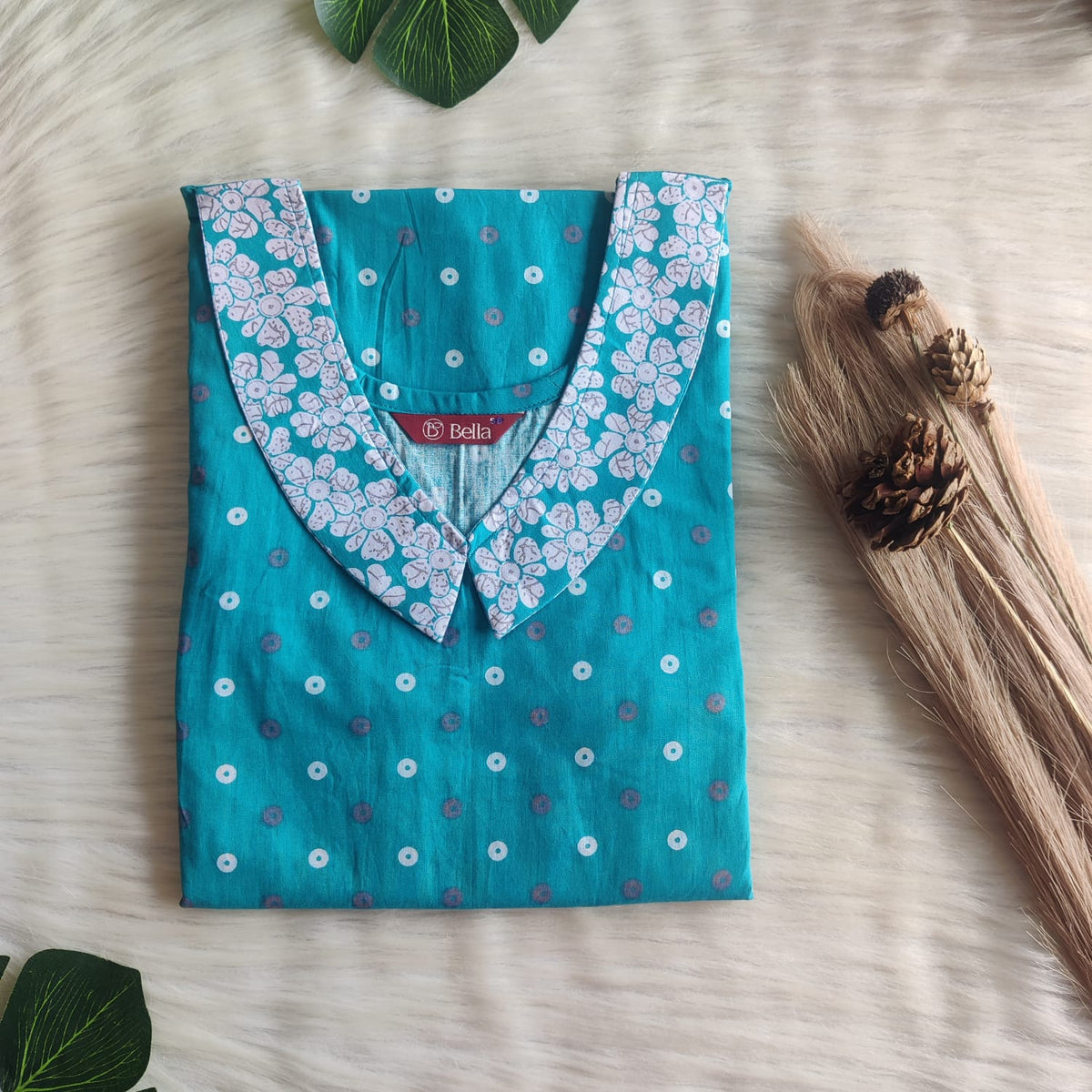 White And Blue Printed Premium Cotton Peter Pan Collar Nighty | Free Size | Chest Width 44″| Length 55″-56″