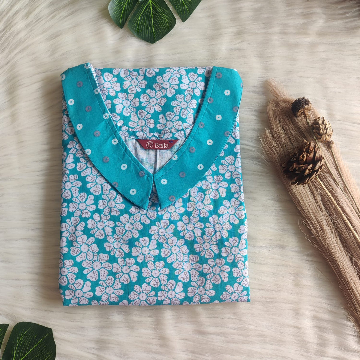 Blue And White Floral Printed Premium Cotton Peter Pan Collar Nighty | Free Size | Chest Width 44″| Length 55″-56″