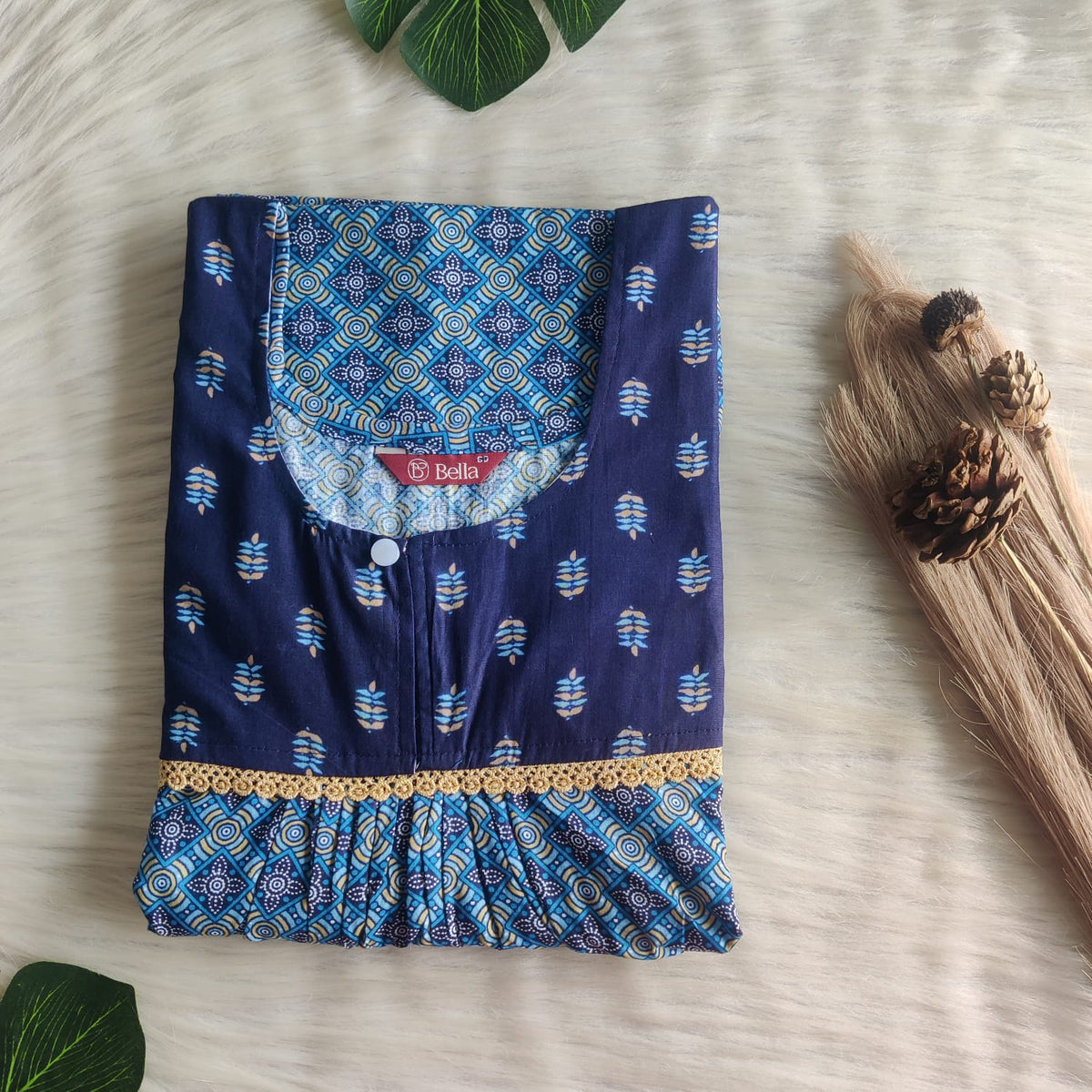Dark And Pale Blue Printed Premium Cotton Lace Nighty | Free Size | Chest Width 44″| Length 54″-56″