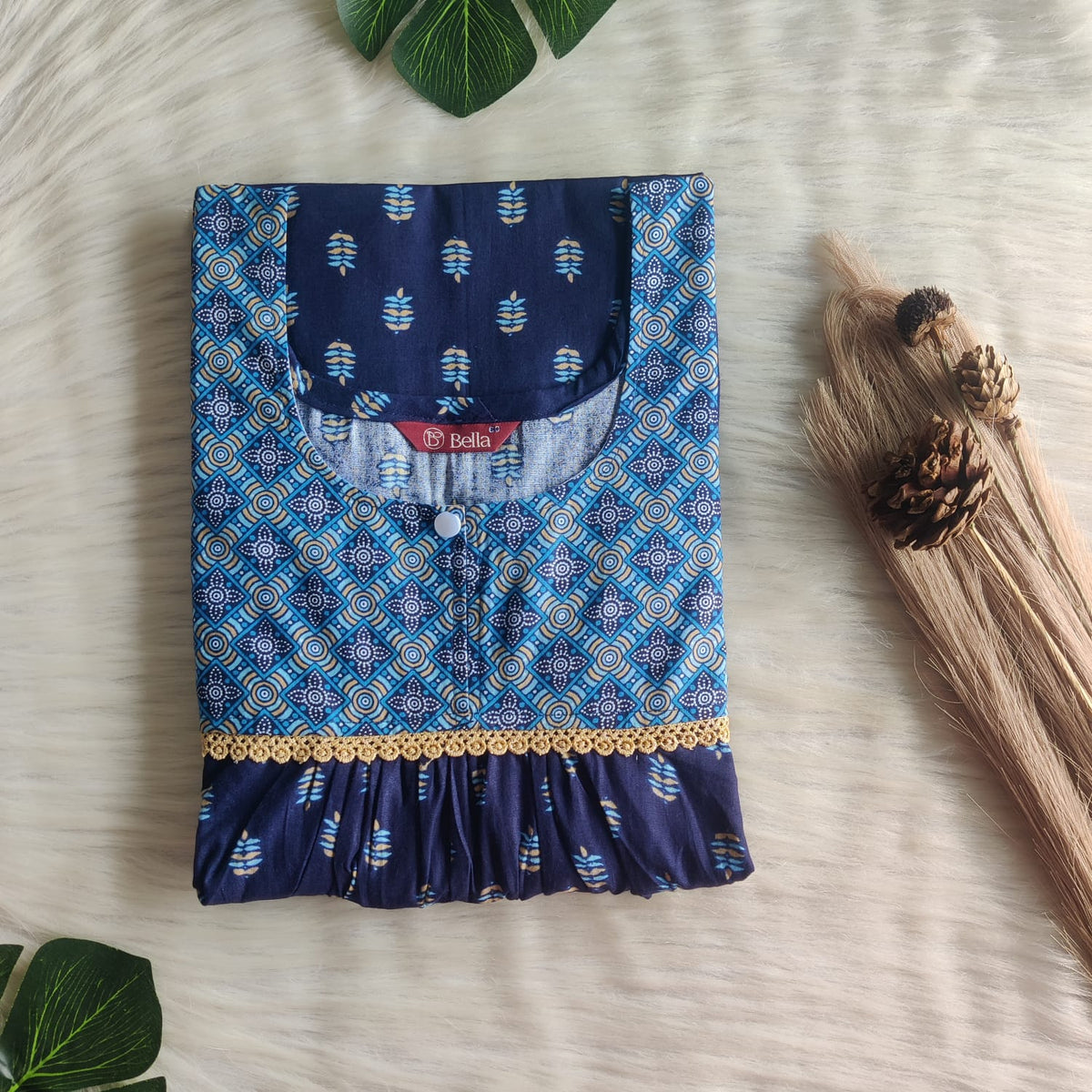 Pale And Dark Blue Printed Premium Cotton Lace Nighty | Free Size | Chest Width 44″| Length 54″-56″