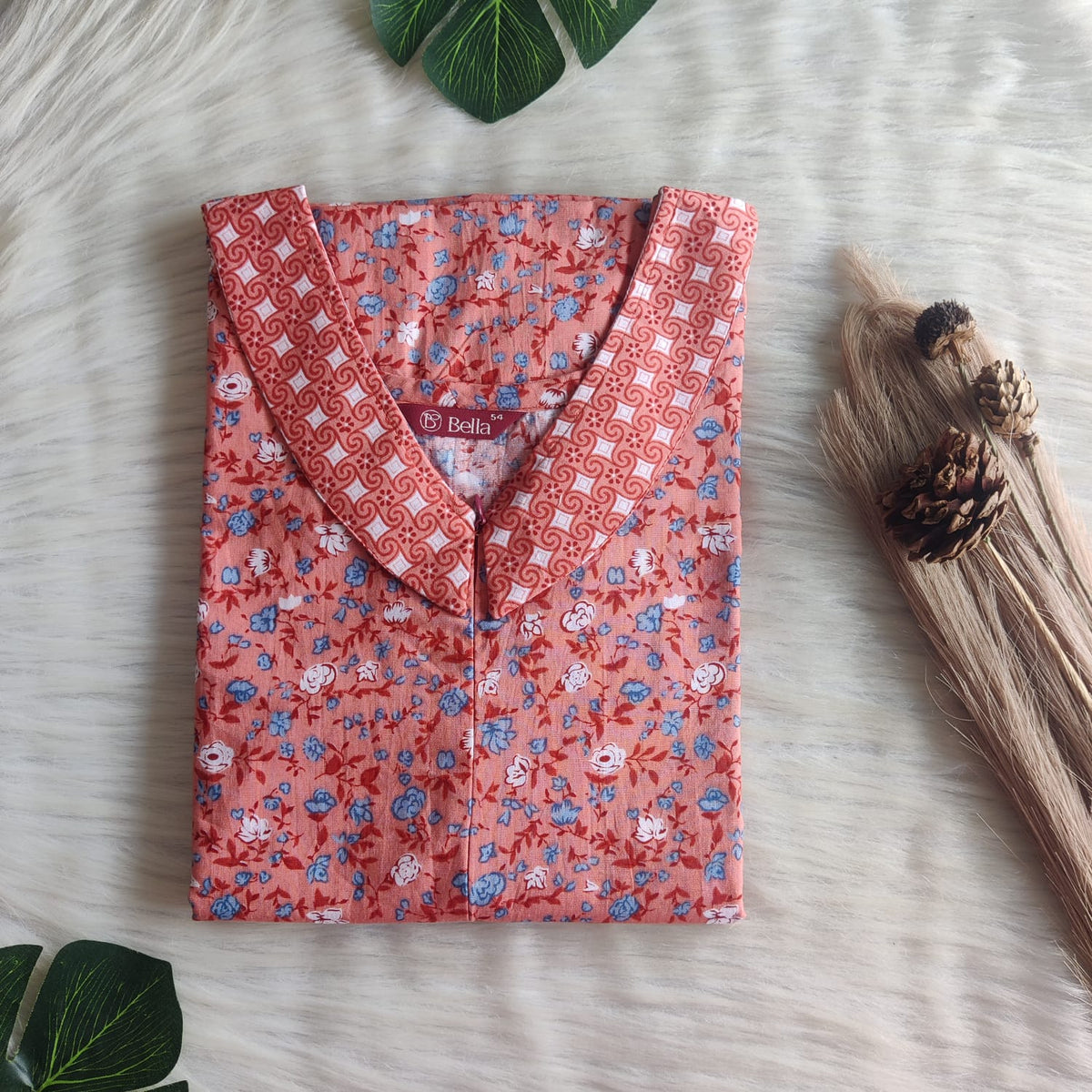 Brown And Grey Printed Premium Cotton Peter Pan Collar Long Zip Feeding Nighty | Free Size | Chest Width 44″| Length 56″