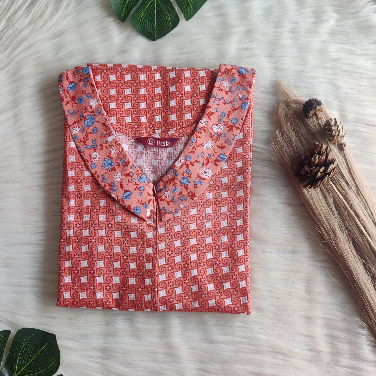 Grey And Brown Printed Premium Cotton Peter Pan Collar Long Zip Feeding Nighty | Free Size | Chest Width 44″| Length 56″