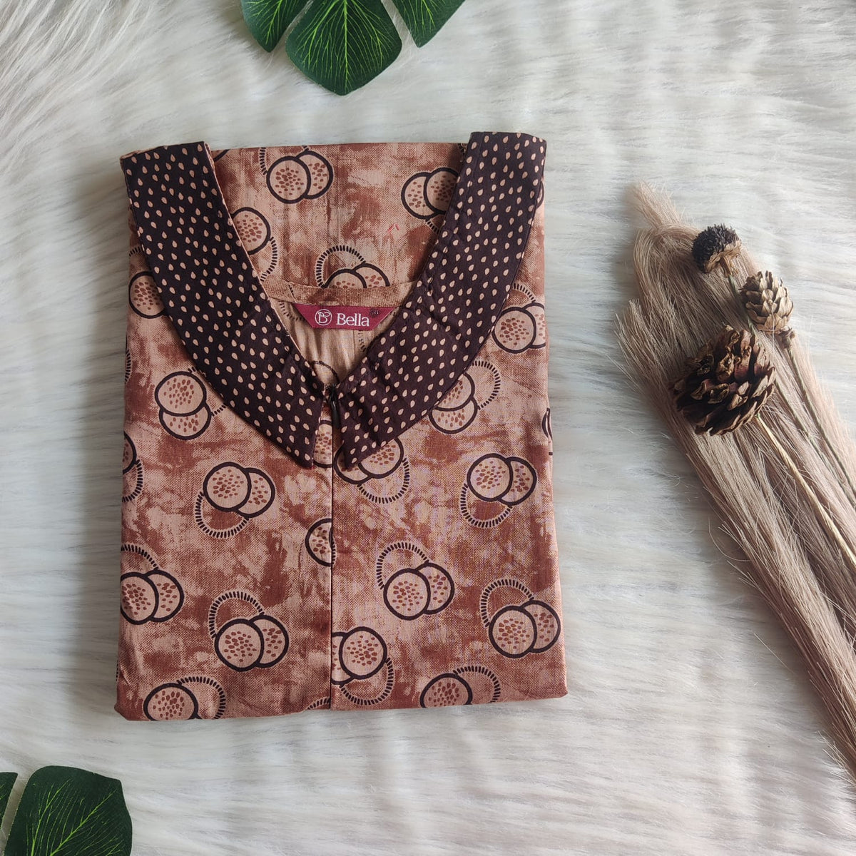 Dark And Pale Coffee Brown Printed Premium Cotton Peter Pan Collar Long Zip Feeding Nighty | Free Size | Chest Width 44″| Length 56″