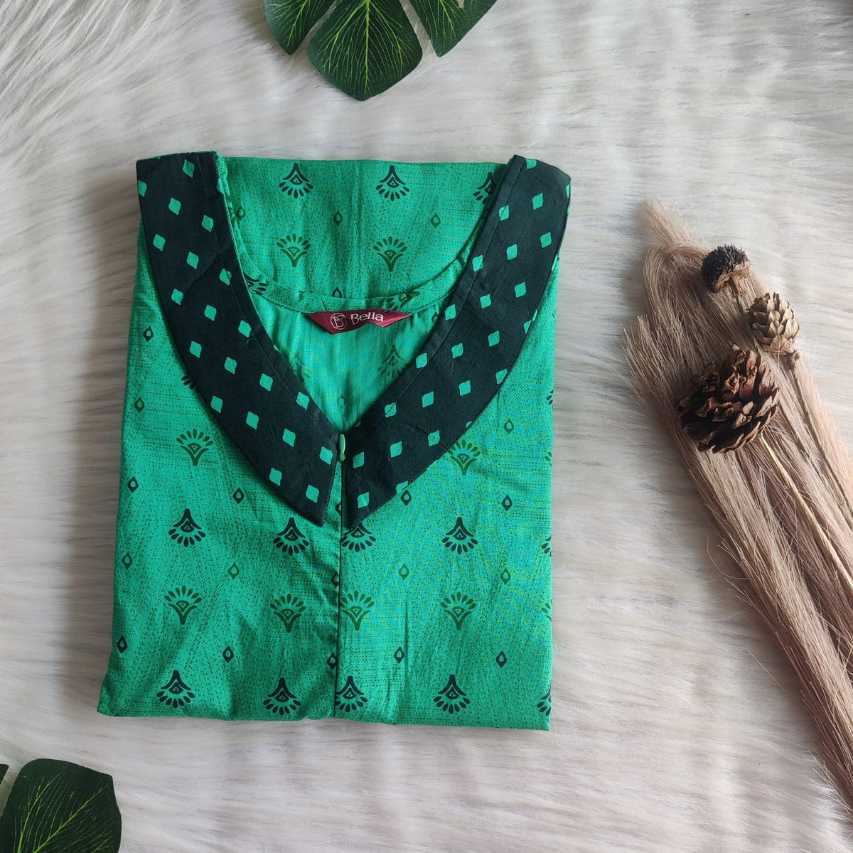 Dark And Pale Green Printed Premium Cotton Peter Pan Collar Long Zip Feeding Nighty | Free Size | Chest Width 44″| Length 56″