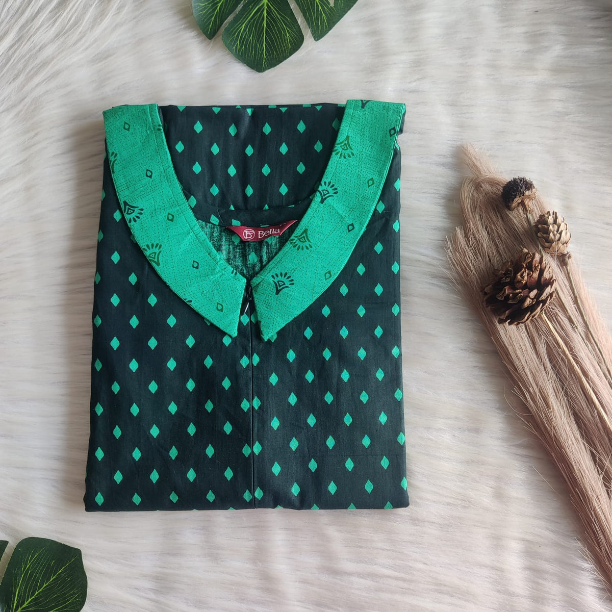 Pale And Dark Green Printed Premium Cotton Peter Pan Collar Long Zip Feeding Nighty | Free Size | Chest Width 44″| Length 56″