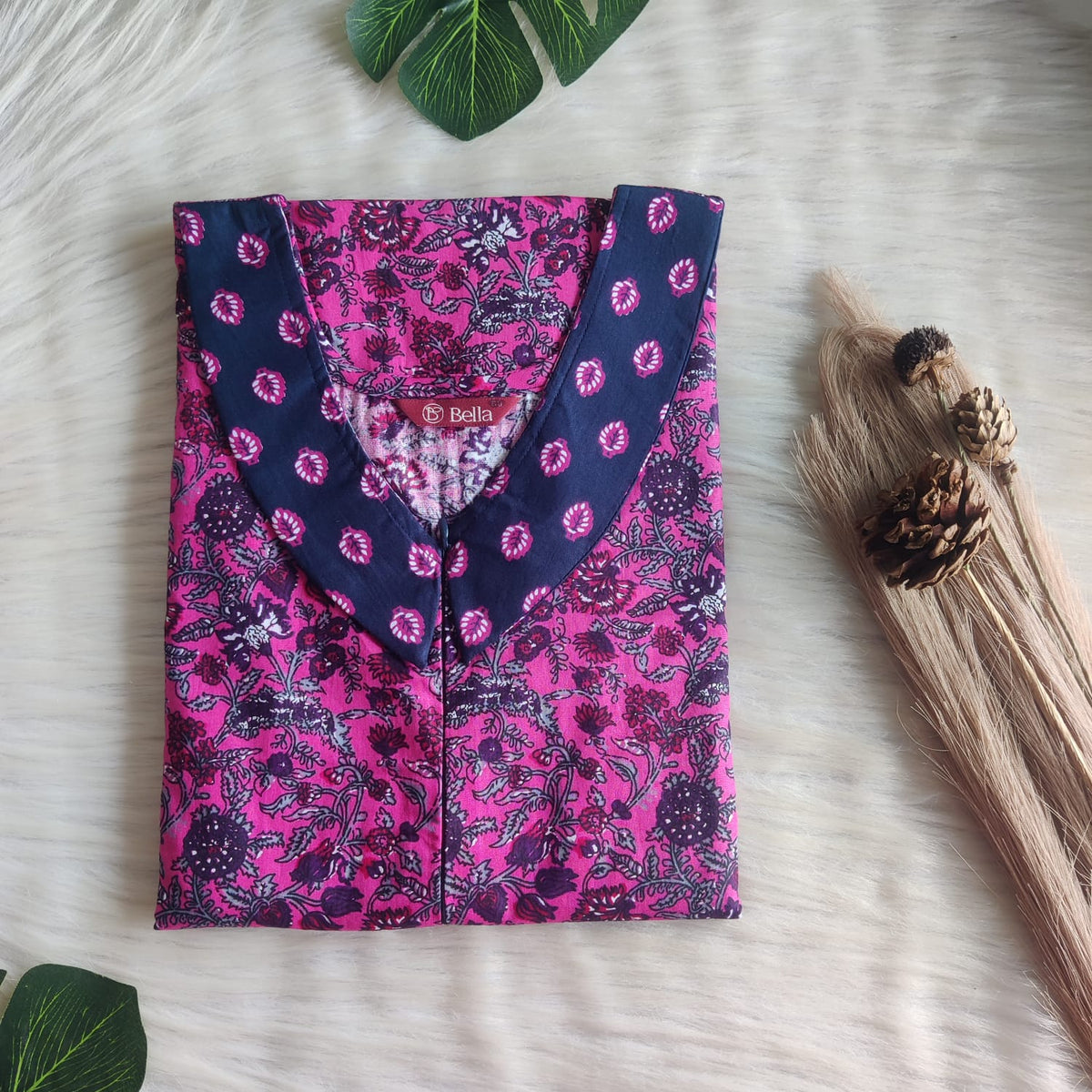 Navy Blue And Pink Printed Premium Cotton Peter Pan Collar Long Zip Feeding Nighty | Free Size | Chest Width 44″| Length 56″