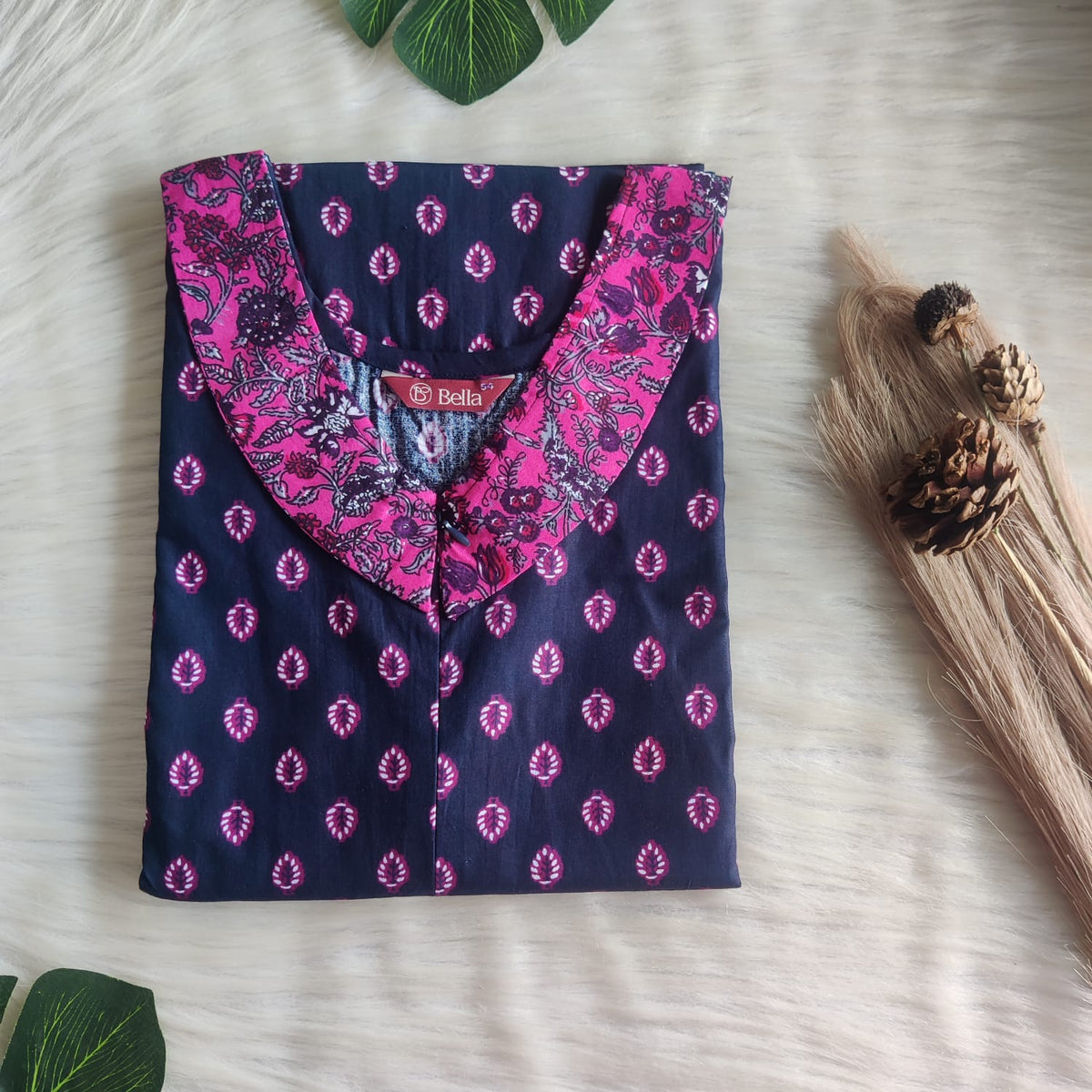 Pink And Navy Blue Printed Premium Cotton Peter Pan Collar Long Zip Feeding Nighty | Free Size | Chest Width 44″| Length 56″