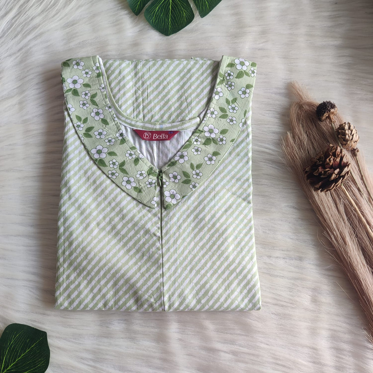 White And Pale Green Printed Premium Cotton Peter Pan Collar Long Zip Feeding Nighty | Free Size | Chest Width 44″| Length 56″