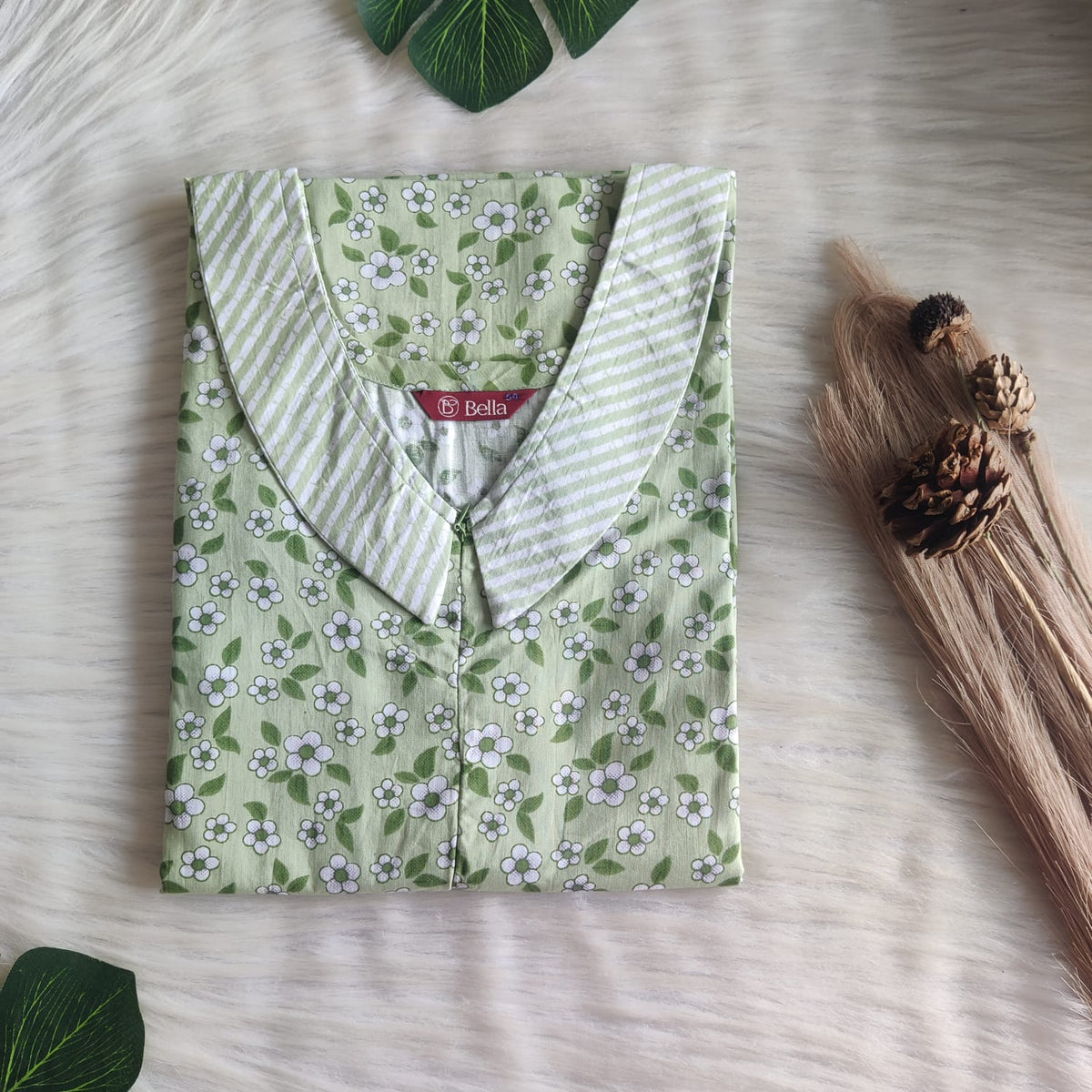 Green And White Floral Printed Premium Cotton Peter Pan Collar Long Zip Feeding Nighty | Free Size | Chest Width 44″| Length 56″