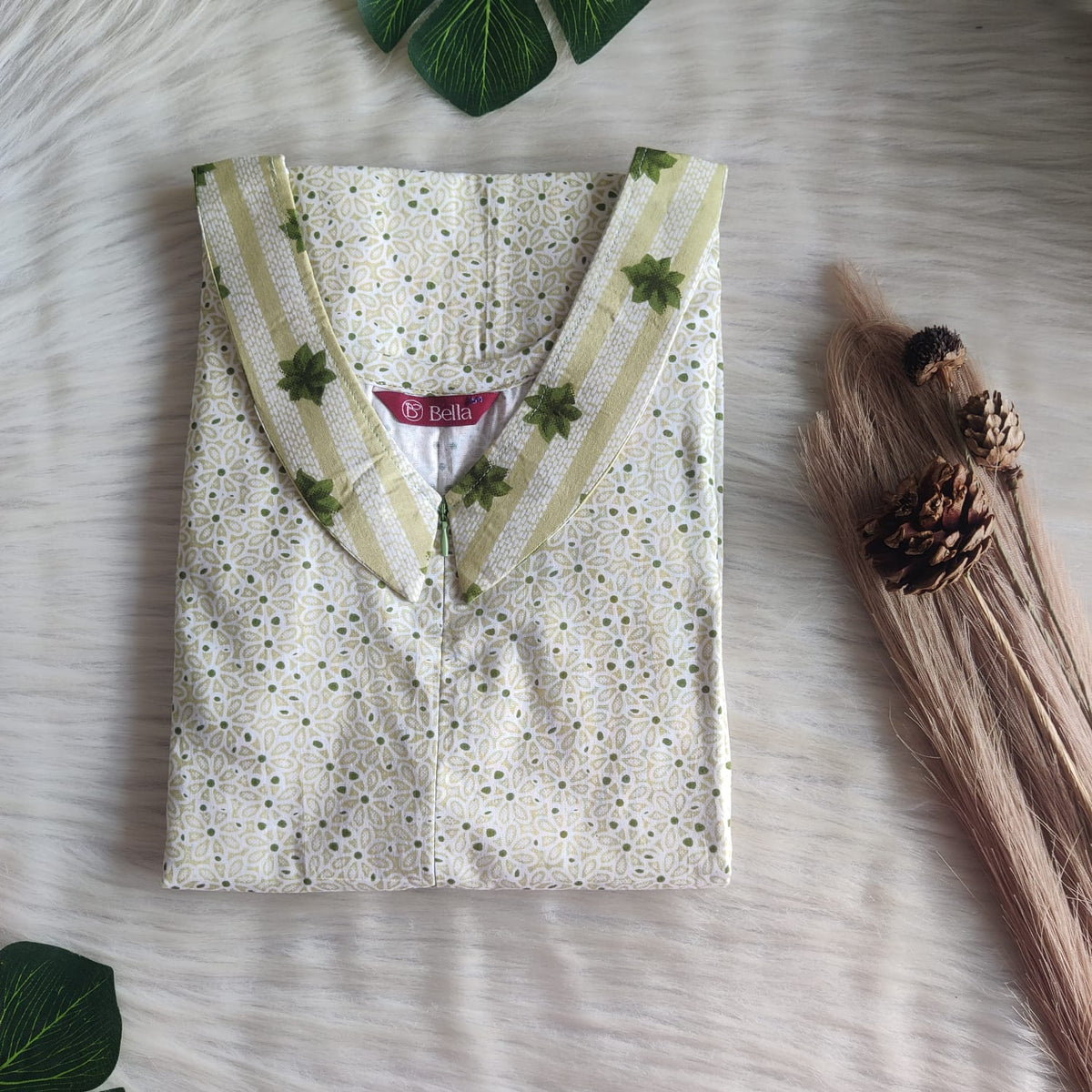 Dark And Pale Green Printed Premium Cotton Peter Pan Collar Long Zip Feeding Nighty | Free Size | Chest Width 44″| Length 56″
