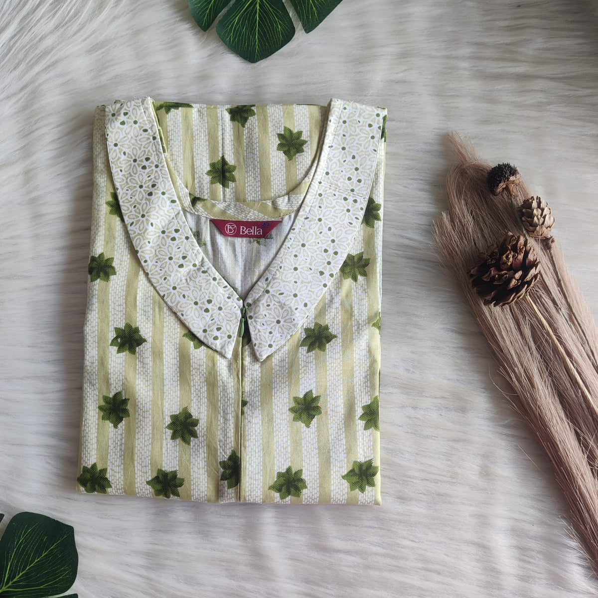 Pale And Dark Green Printed Premium Cotton Peter Pan Collar Long Zip Feeding Nighty | Free Size | Chest Width 44″| Length 56″