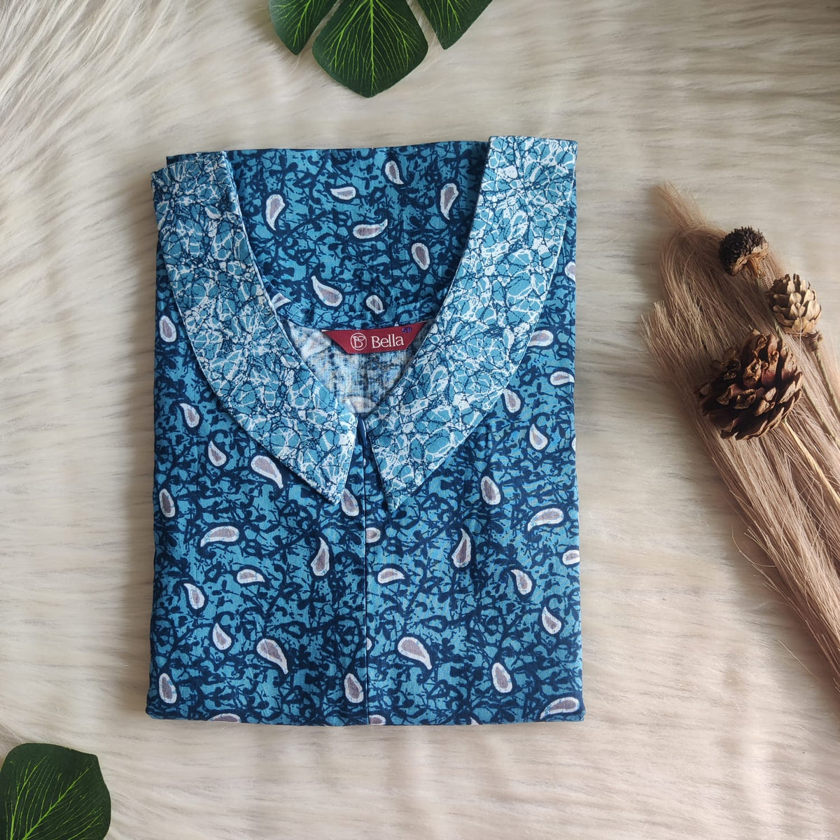 White And Blue Kalamkari Printed Premium Cotton Peter Pan Collar Long Zip Feeding Nighty | Free Size | Chest Width 44″| Length 56″