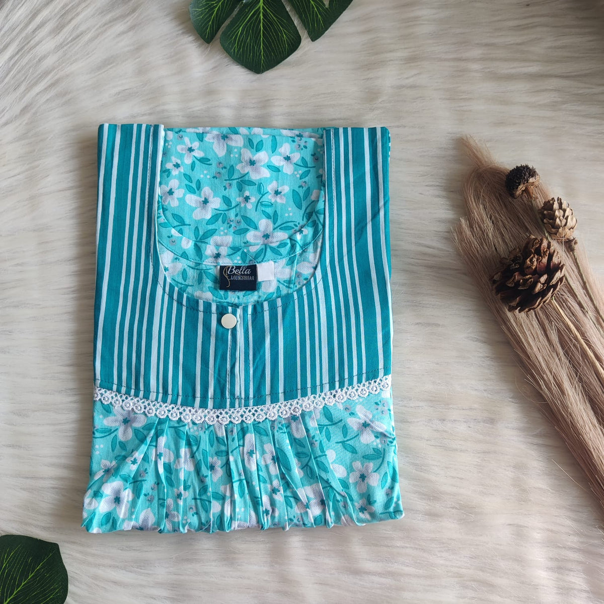 Blue And White Floral Printed Premium Cotton 3/4 Sleeve Lace Nighty | Free Size | Chest Width 44″| Length 54″-56″