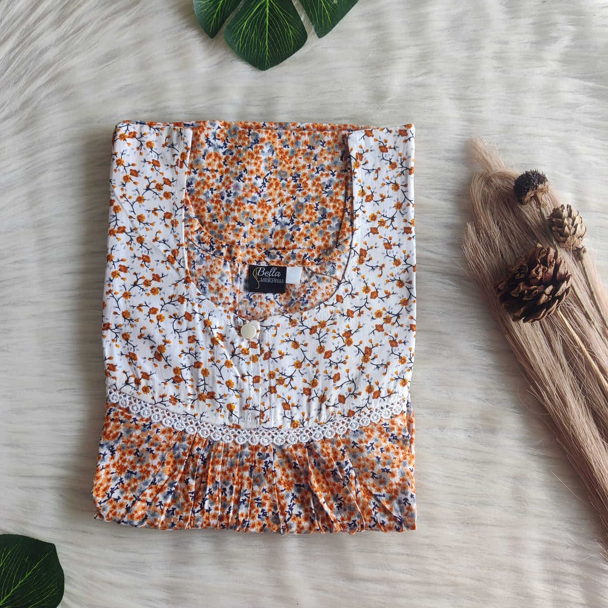 White And Orange Floral Printed Premium Cotton 3/4 Sleeve Lace Nighty | Free Size | Chest Width 44″| Length 54″-56″