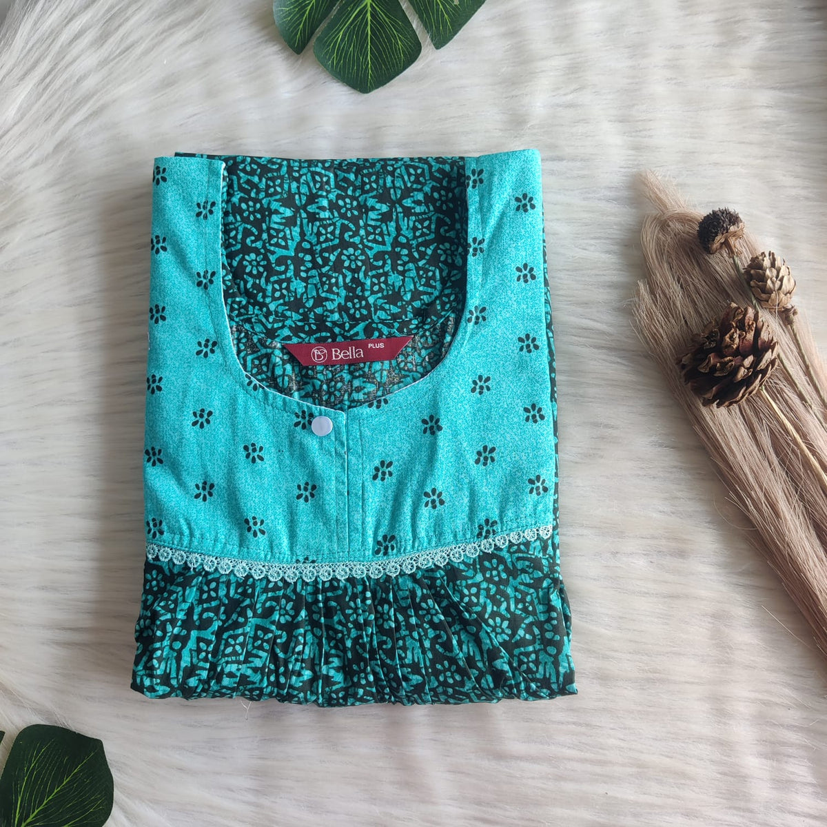 Blue And Green Printed Premium Cotton Plus Size Lace Nighty | Chest Width 50″| Length 56″