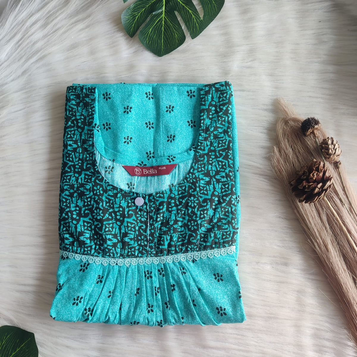 Green And Blue Printed Premium Cotton Plus Size Lace Nighty | Chest Width 50″| Length 56″