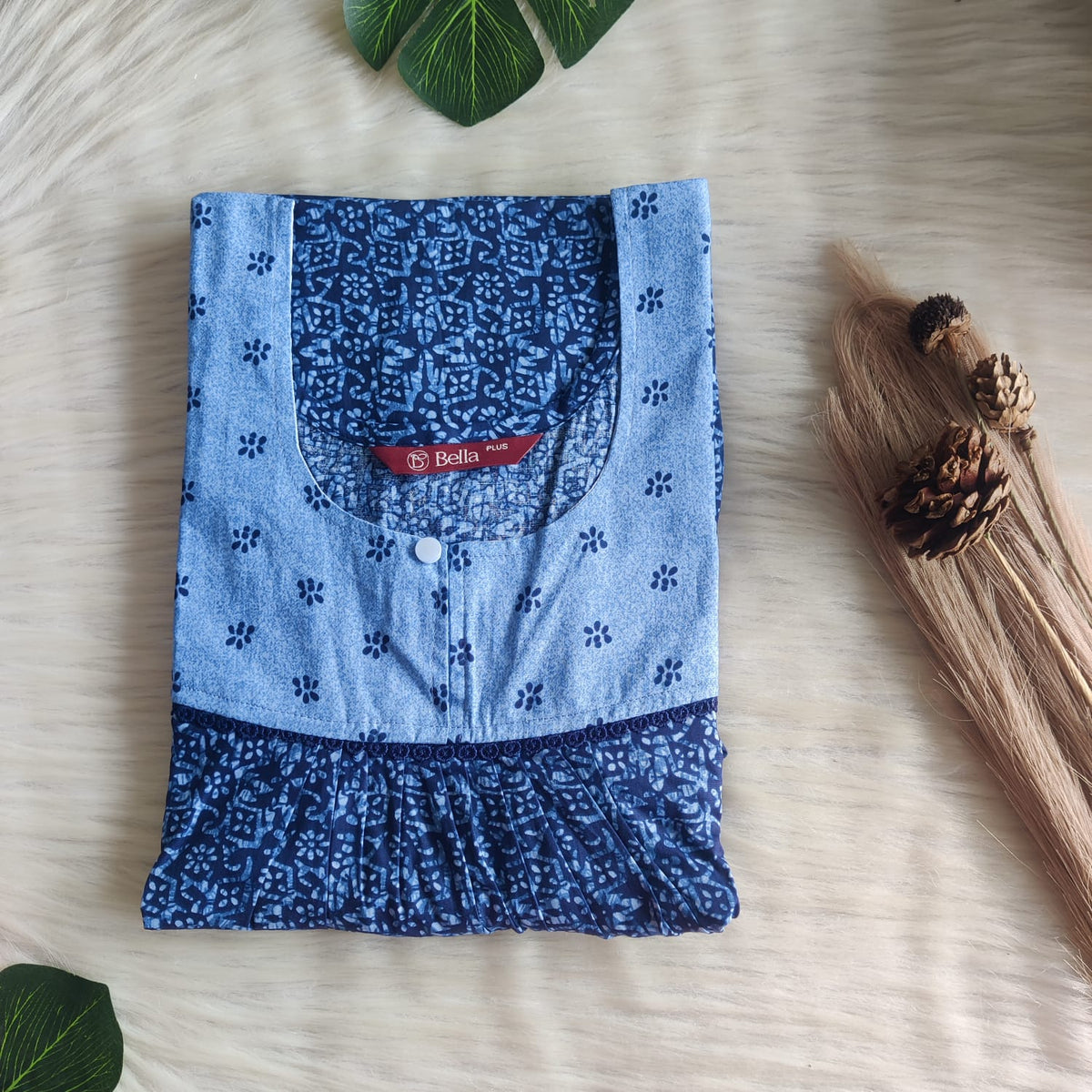 Pale And Dark Blue Printed Premium Cotton Plus Size Lace Nighty | Chest Width 50″| Length 56″