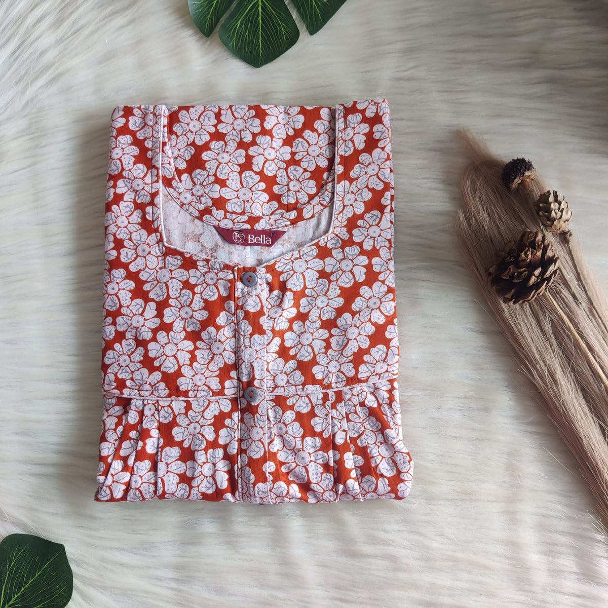 Orange And White Floral  Printed Premium Cotton Button Zip Nighty | Free Size | Chest Width 44″| Length 55″-56″